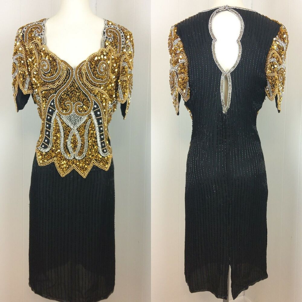 Vintage Ensemble SZ L Fully Beaded Sequin Black Gold Cocktail Formal Prom Dress